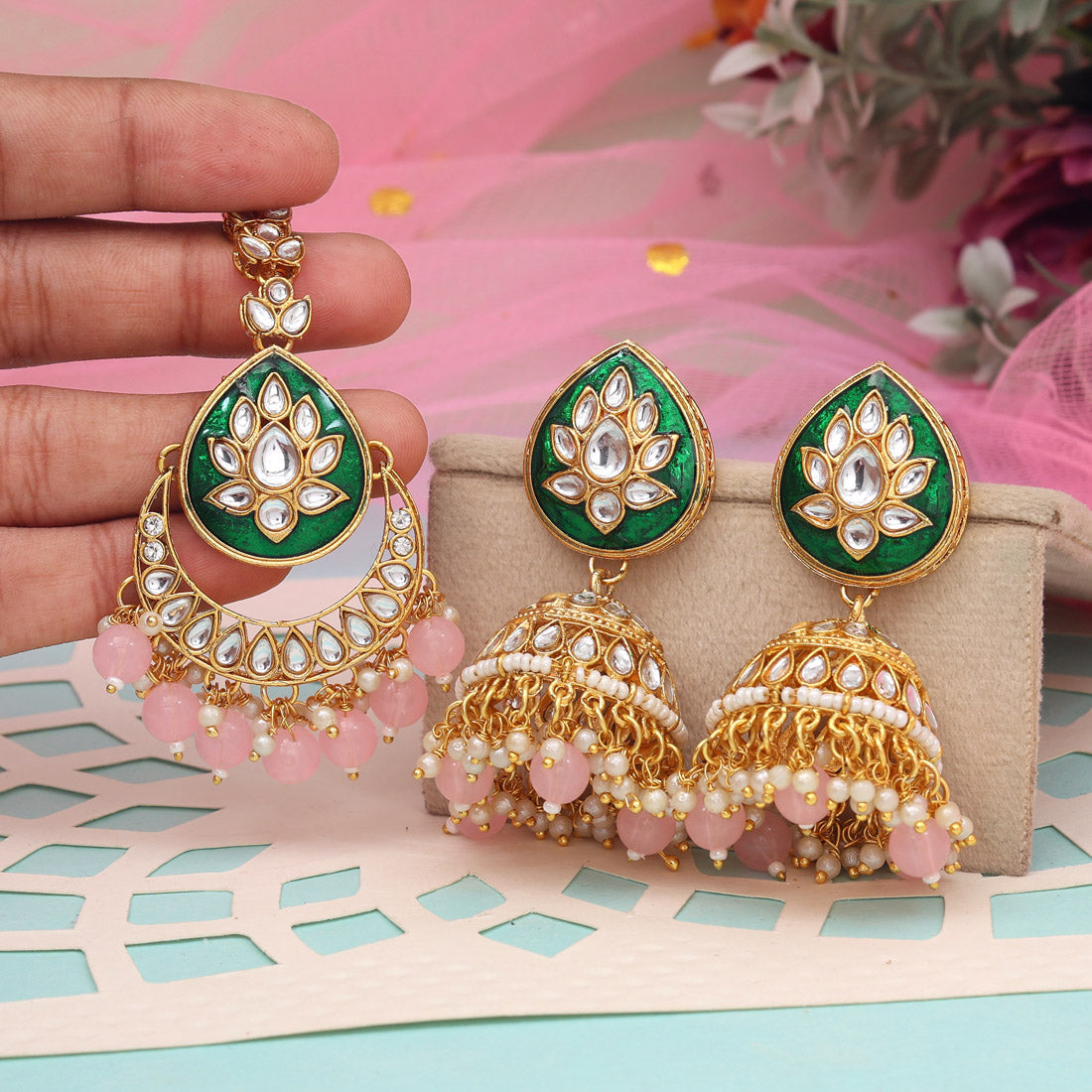 Pink Color Kundan Earrings With Maang Tikka (KDTE573PNK - preyans.com