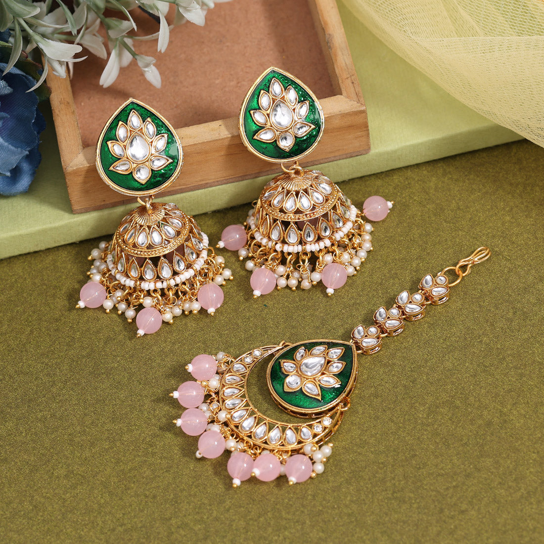 Pink Color Kundan Earrings With Maang Tikka (KDTE573PNK - preyans.com