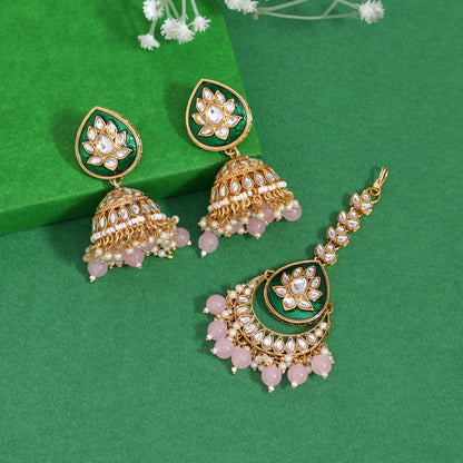 Pink Color Kundan Earrings With Maang Tikka (KDTE573PNK - preyans.com