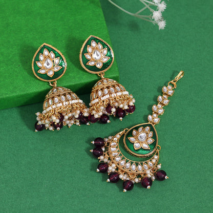 Purple Color Kundan Earrings With Maang Tikka (KDTE573PRP - preyans.com