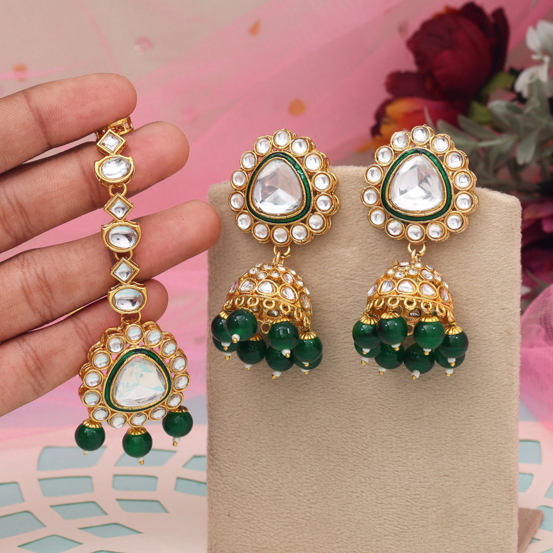 Green Color Kundan Earrings With Maang Tikka (KDTE574GRN - preyans.com