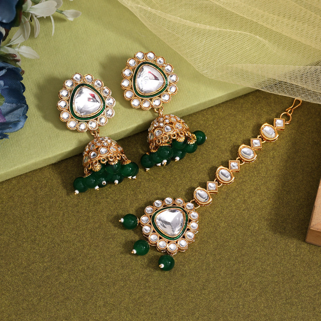 Green Color Kundan Earrings With Maang Tikka (KDTE574GRN - preyans.com