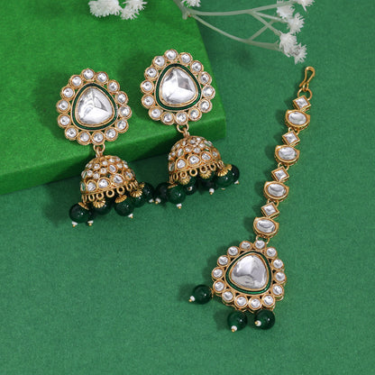 Green Color Kundan Earrings With Maang Tikka (KDTE574GRN - preyans.com