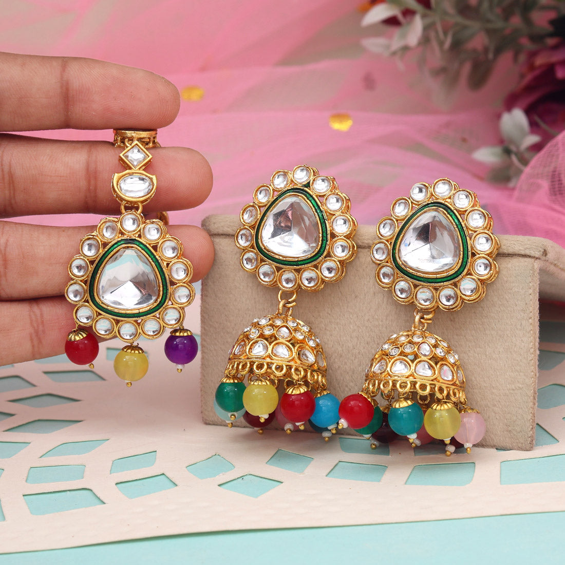 Multi Color Kundan Earrings With Maang Tikka (KDTE574MLT - preyans.com