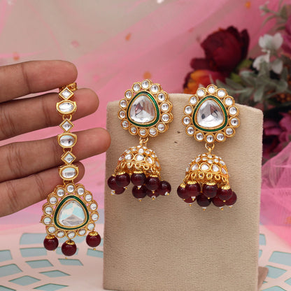 Maroon Color Kundan Earrings With Maang Tikka (KDTE574MRN - preyans.com