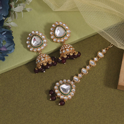 Maroon Color Kundan Earrings With Maang Tikka (KDTE574MRN - preyans.com