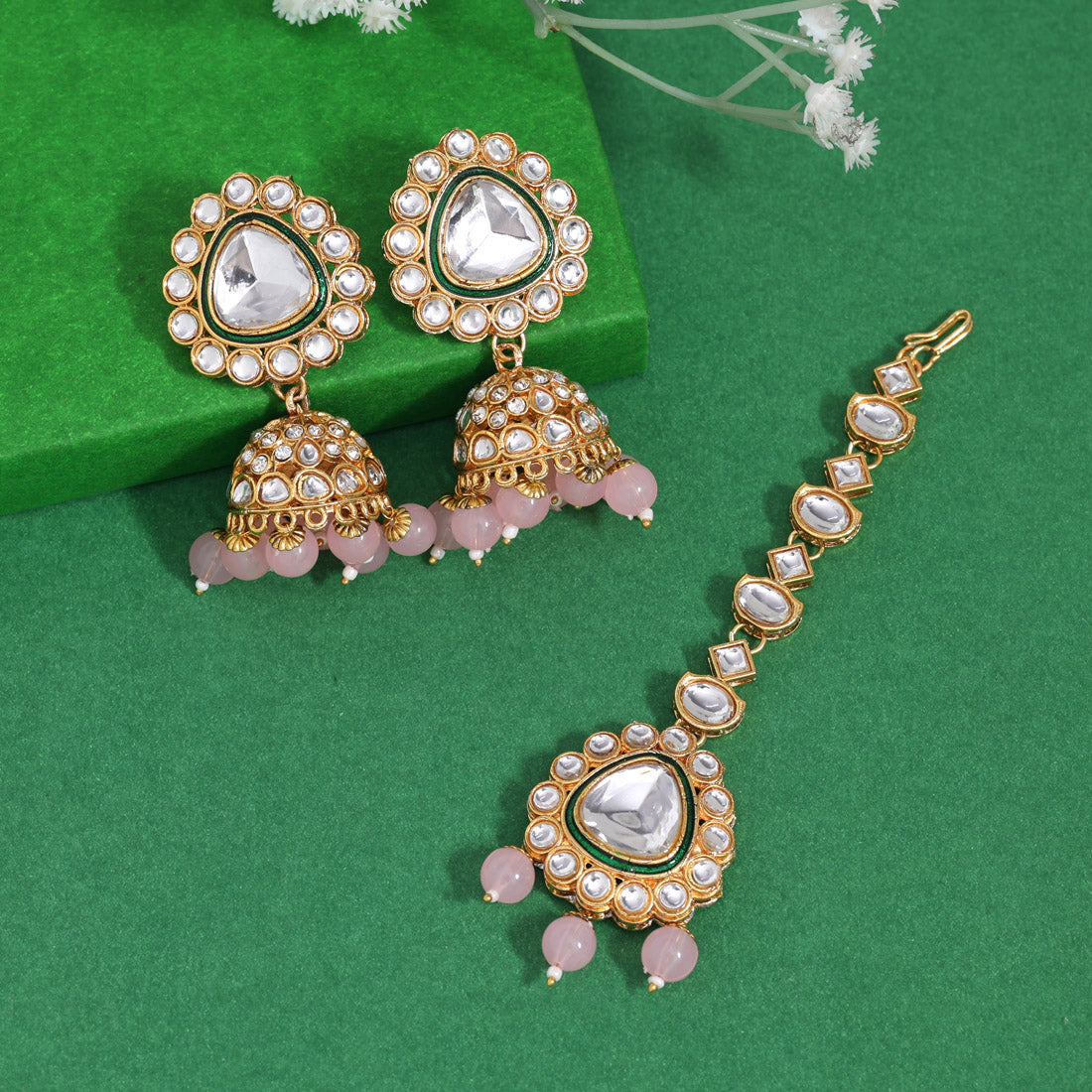 Pink Color Kundan Earrings With Maang Tikka (KDTE574PNK - preyans.com