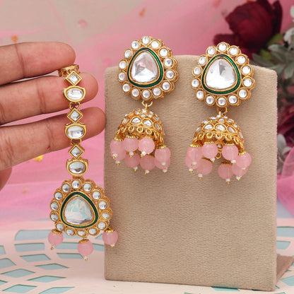 Pink Color Kundan Earrings With Maang Tikka (KDTE574PNK - preyans.com