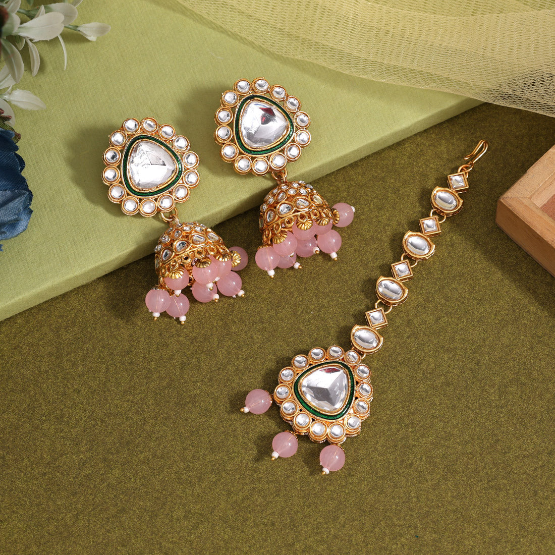 Pink Color Kundan Earrings With Maang Tikka (KDTE574PNK - preyans.com