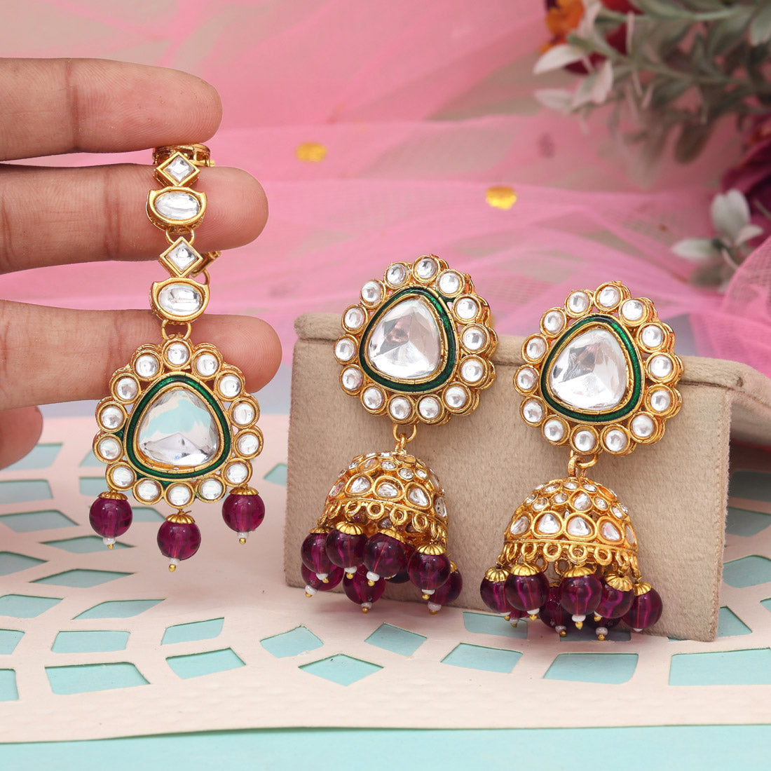 Purple Color Kundan Earrings With Maang Tikka (KDTE574PRP - preyans.com