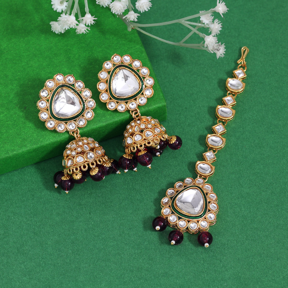 Purple Color Kundan Earrings With Maang Tikka (KDTE574PRP - preyans.com