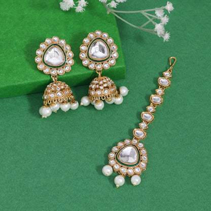 White Color Kundan Earrings With Maang Tikka (KDTE574WHT - preyans.com