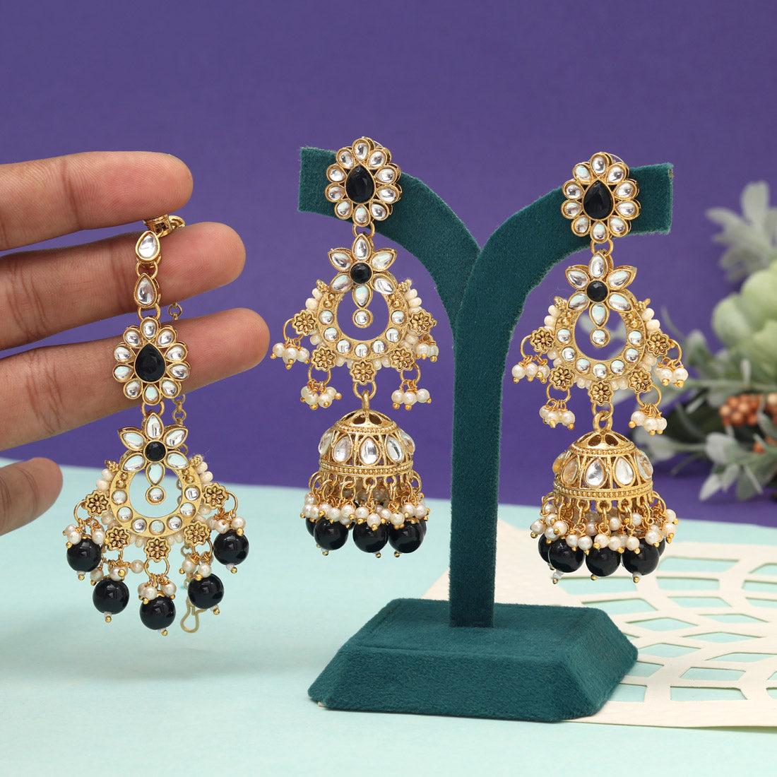 Black Color Kundan Earrings With Maang Tikka (KDTE575BLK) - preyans.com