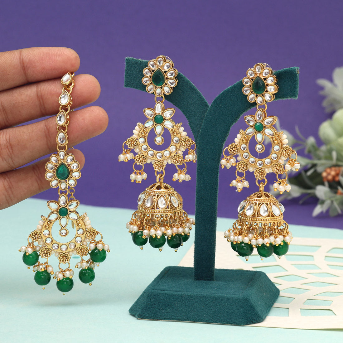 Green Color Kundan Earrings With Maang Tikka (KDTE575GRN) - preyans.com