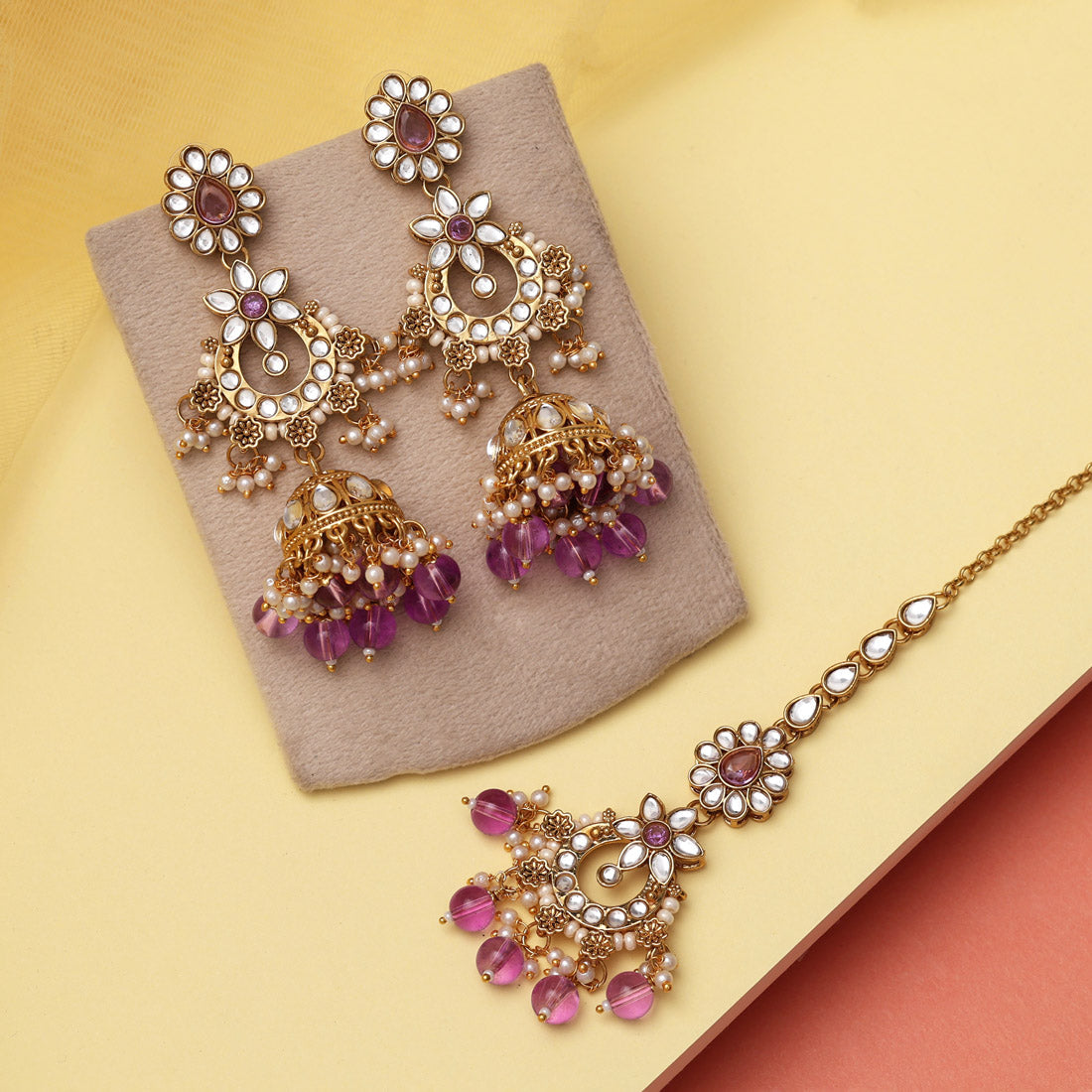 Light Purple Color Kundan Earrings With Maang Tikka (KDTE575LPRP) - preyans.com