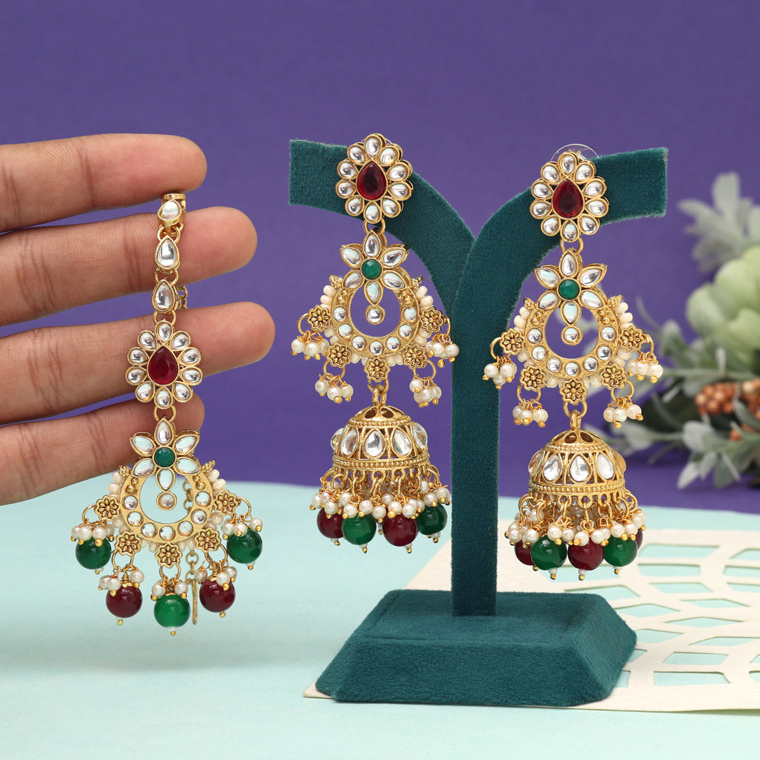 Maroon & Green Color Kundan Earrings With Maang Tikka (KDTE575MG) - preyans.com