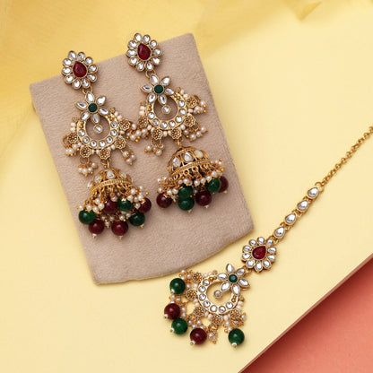 Maroon & Green Color Kundan Earrings With Maang Tikka (KDTE575MG) - preyans.com