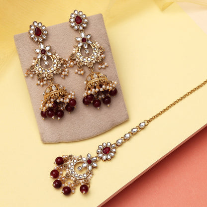 Maroon Color Kundan Earrings With Maang Tikka (KDTE575MRN) - preyans.com