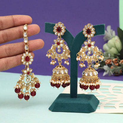 Maroon Color Kundan Earrings With Maang Tikka (KDTE575MRN) - preyans.com