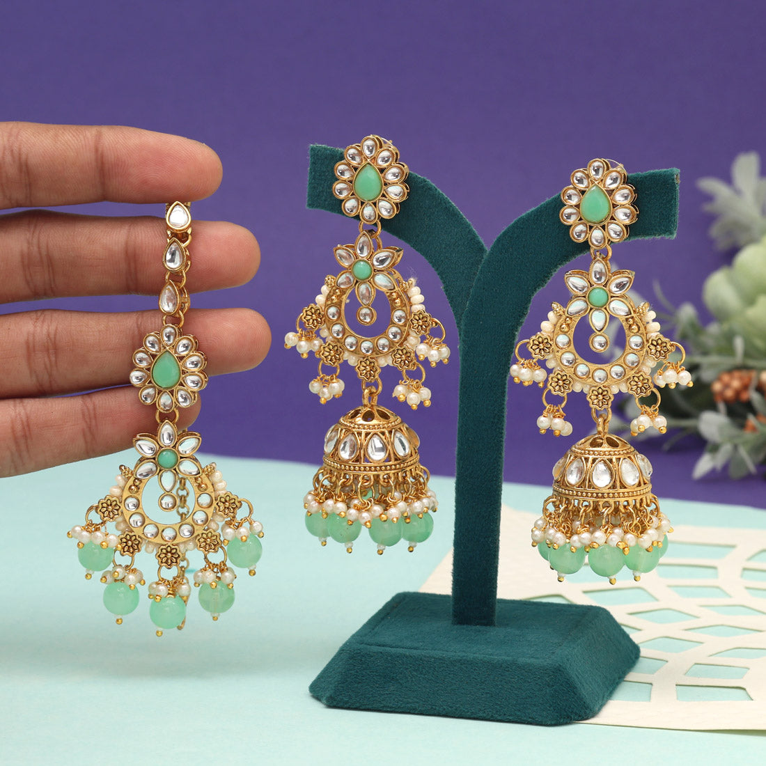 Pista Green Color Kundan Earrings With Maang Tikka (KDTE575PGRN) - preyans.com