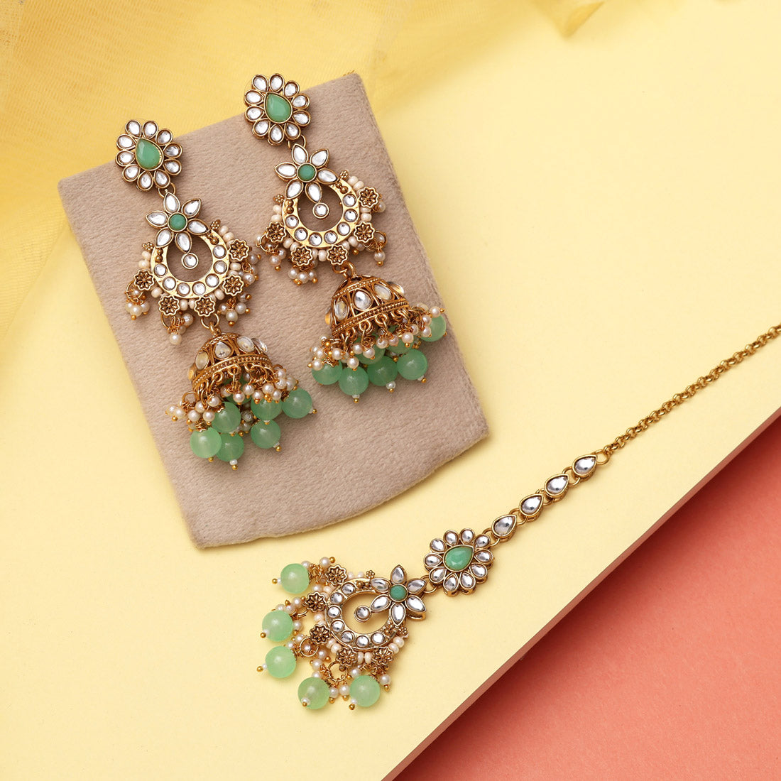 Pista Green Color Kundan Earrings With Maang Tikka (KDTE575PGRN) - preyans.com