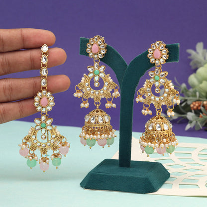 Pink & Pista Green Color Kundan Earrings With Maang Tikka (KDTE575PNKPGRN) - preyans.com