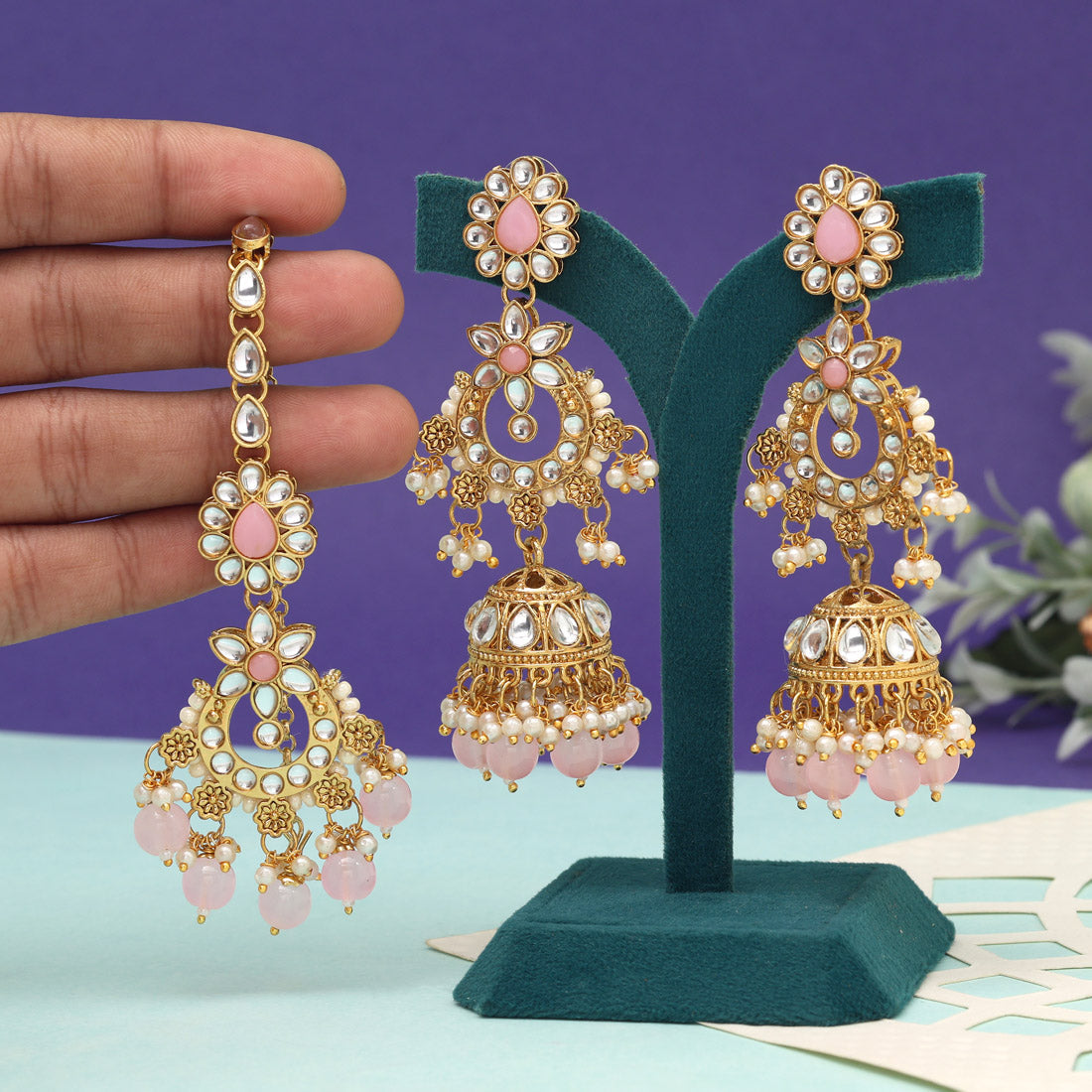 Pink Color Kundan Earrings With Maang Tikka (KDTE575PNK) - preyans.com