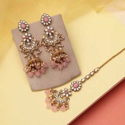 Pink Color Kundan Earrings With Maang Tikka (KDTE575PNK) - preyans.com