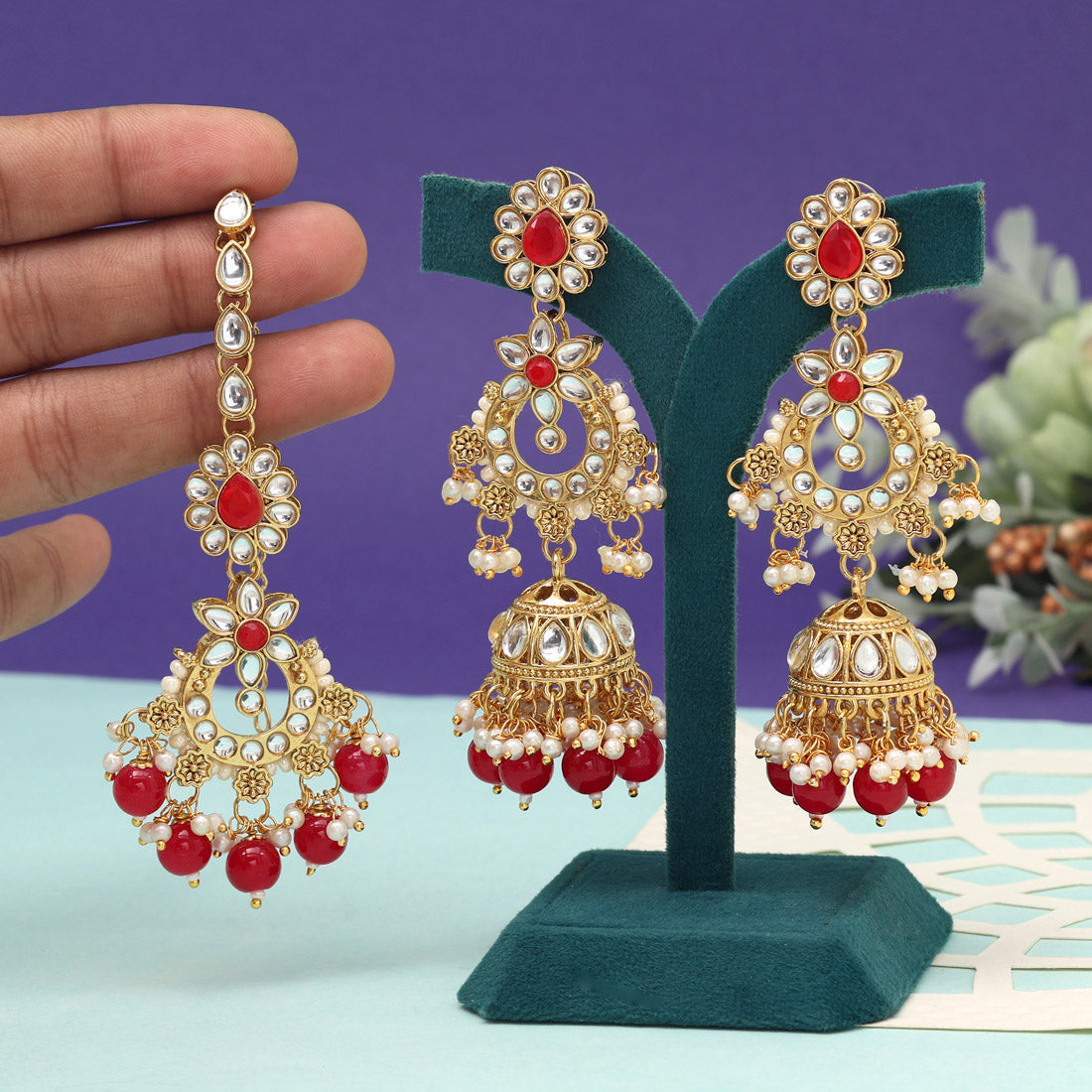 Red Color Kundan Earrings With Maang Tikka (KDTE575RED) - preyans.com