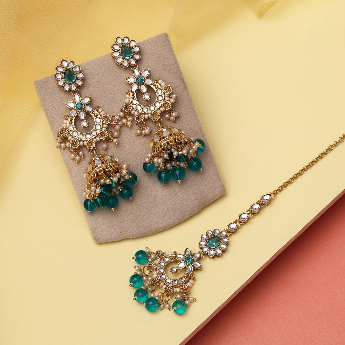 Turquoise Blue Color Kundan Earrings With Maang Tikka (KDTE575TBLU) - preyans.com