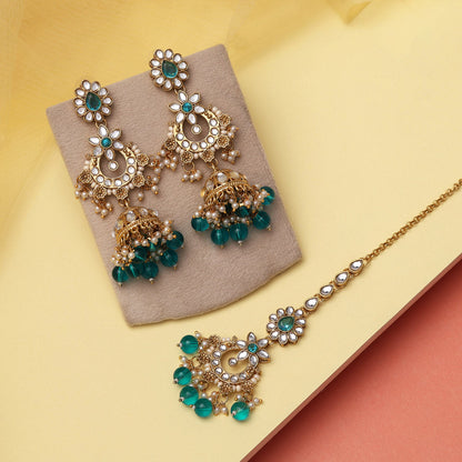 Turquoise Blue Color Kundan Earrings With Maang Tikka (KDTE575TBLU) - preyans.com