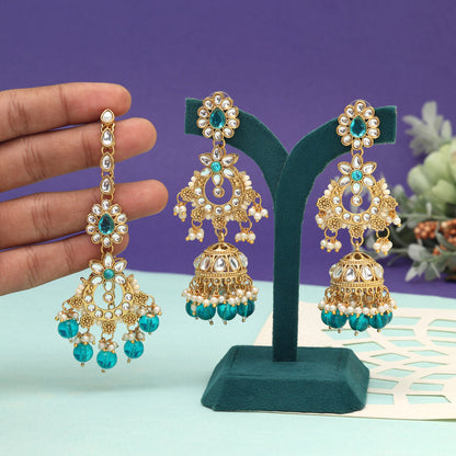 Turquoise Blue Color Kundan Earrings With Maang Tikka (KDTE575TBLU) - preyans.com