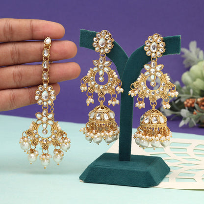 White Color Kundan Earrings With Maang Tikka (KDTE575WHT) - preyans.com