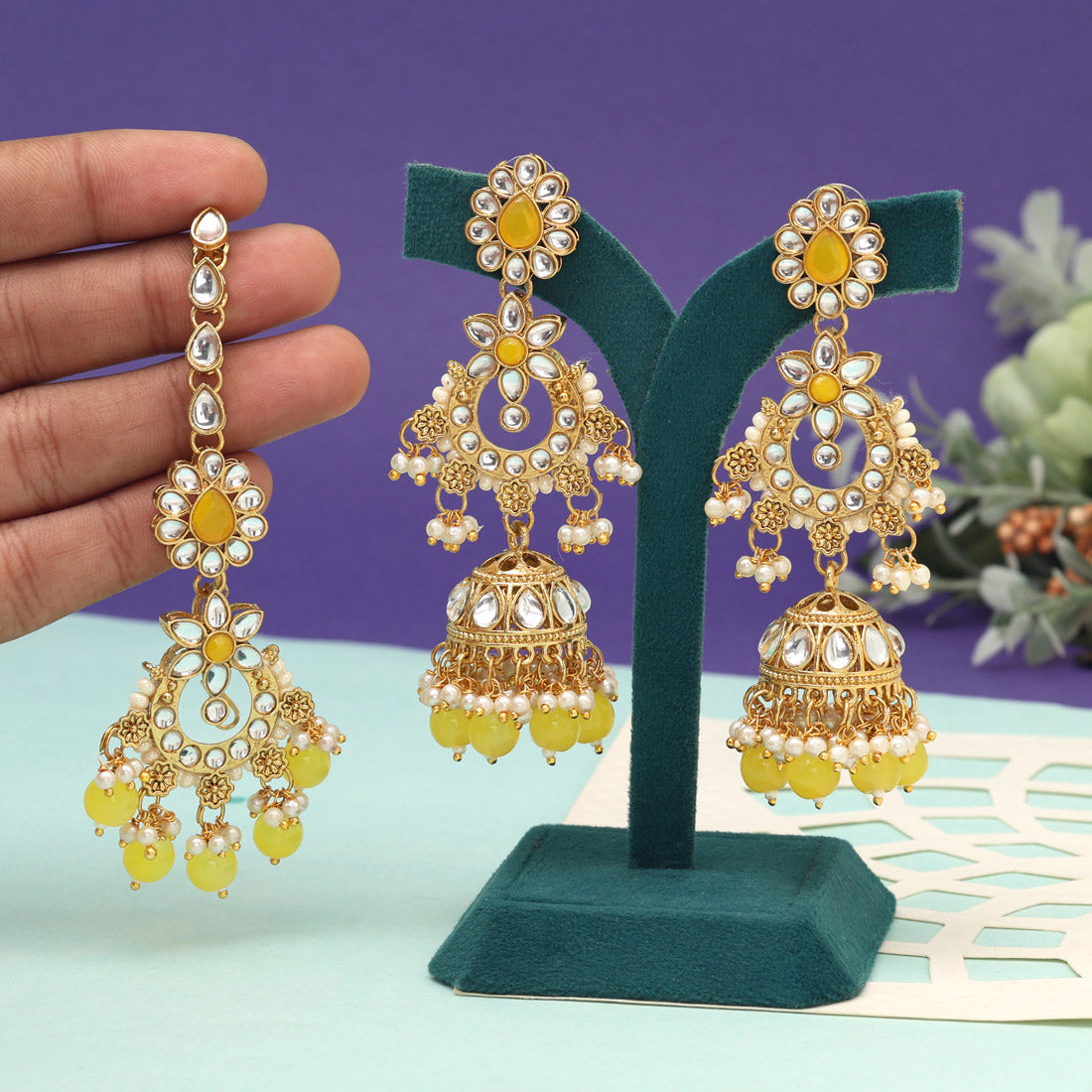 Yellow Color Kundan Earrings With Maang Tikka (KDTE575YLW) - preyans.com