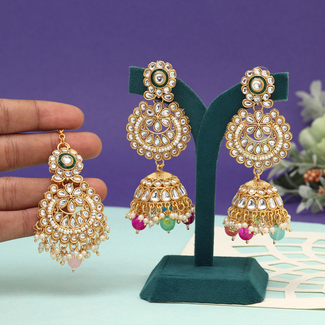 Pink & Pista Green Color Kundan Earrings With Maang Tikka (KDTE576PNKPGRN) - preyans.com