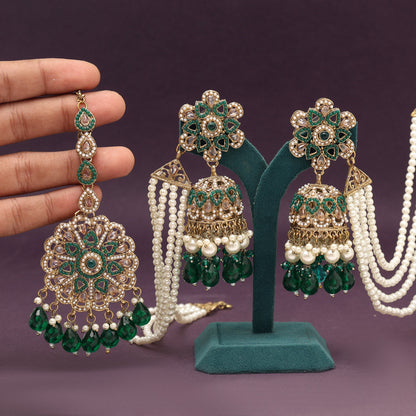 Green Color Pakistani Kundan Earrings With Maang Tikka (KDTE579GRN) - Preyans.com