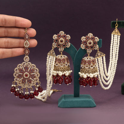 Maroon Color Pakistani Kundan Earrings With Maang Tikka (KDTE579MRN) - Preyans.com