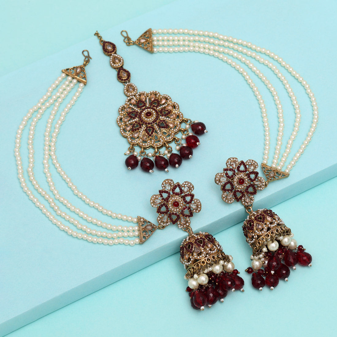 Maroon Color Pakistani Kundan Earrings With Maang Tikka (KDTE579MRN) - Preyans.com