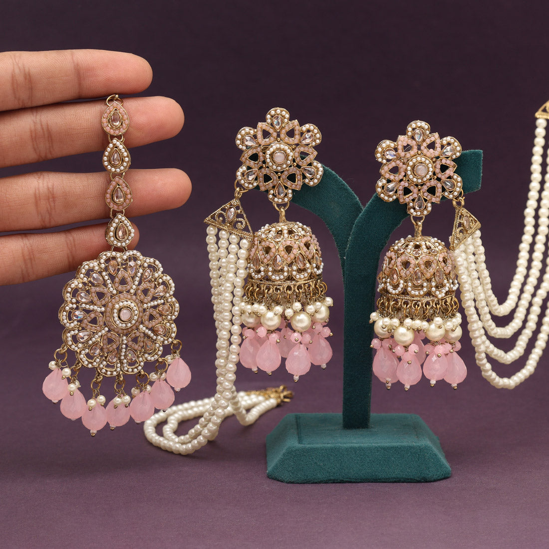 Pink Color Pakistani Kundan Earrings With Maang Tikka (KDTE579PNK) - Preyans.com