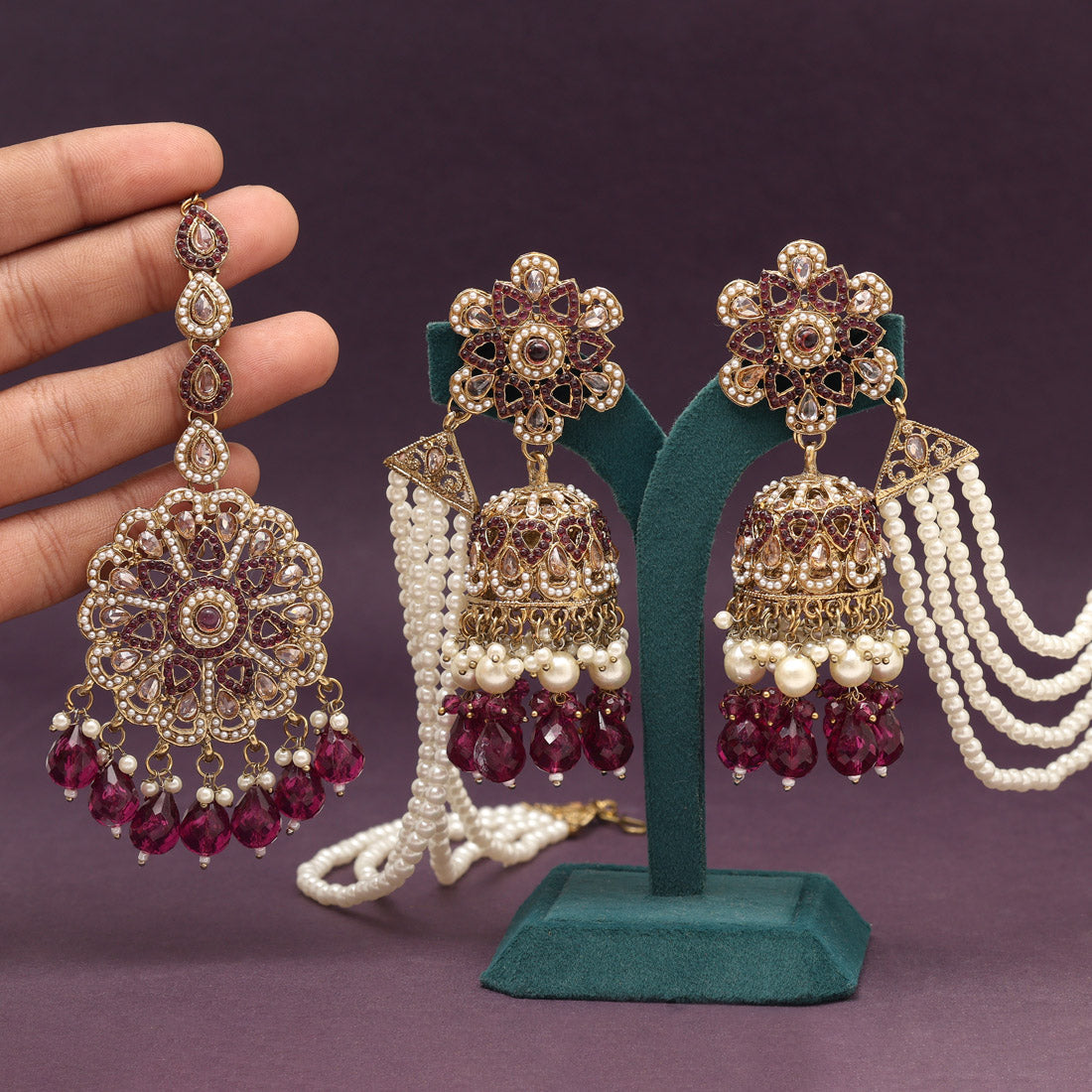 Purple Color Pakistani Kundan Earrings With Maang Tikka (KDTE579PRP) - Preyans.com