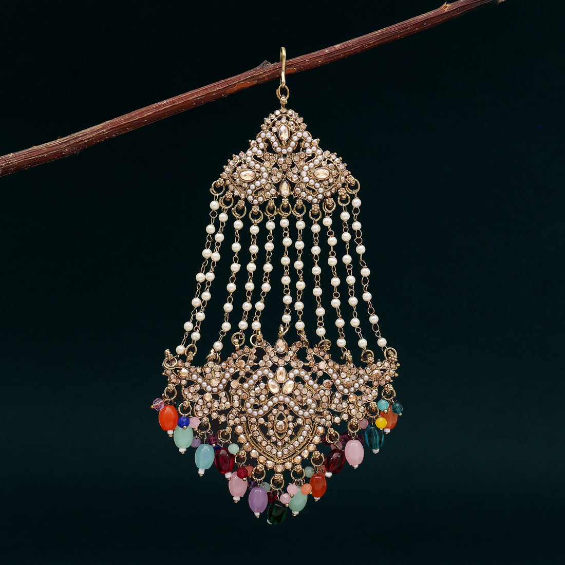 Multi Color Pakistani Kundan Earrings With Maang Tikka & Maang Pasa (KDTE581MLT) - Preyans.com