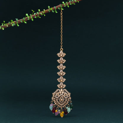 Multi Color Pakistani Kundan Earrings With Maang Tikka & Maang Pasa (KDTE581MLT) - Preyans.com