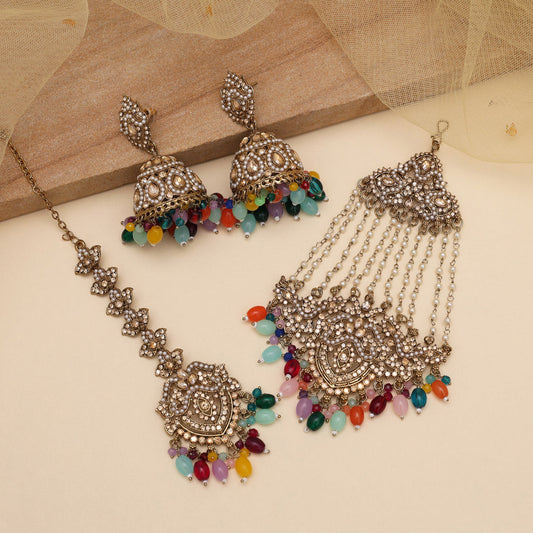 Multi Color Pakistani Kundan Earrings With Maang Tikka & Maang Pasa (KDTE581MLT) - Preyans.com