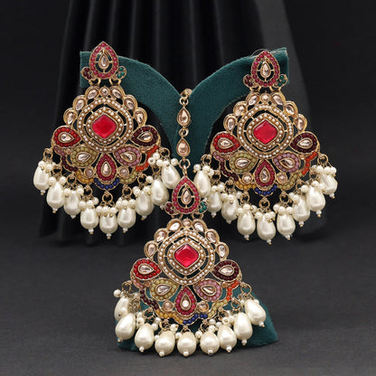 Multi Color Pakistani Kundan Earrings With Maang Tikka (KDTE585MLT) - Preyans.com