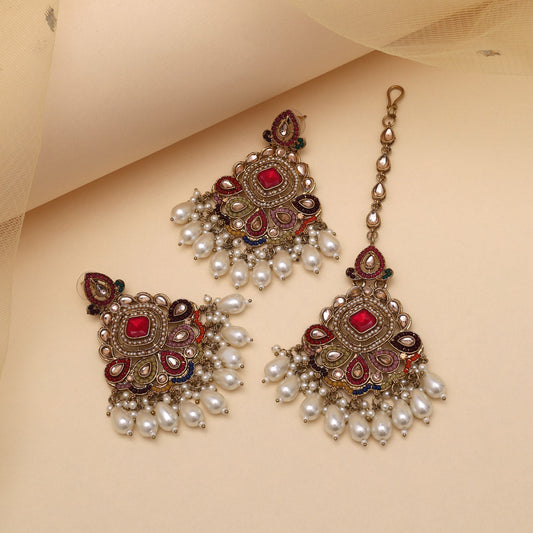 Multi Color Pakistani Kundan Earrings With Maang Tikka (KDTE585MLT) - Preyans.com