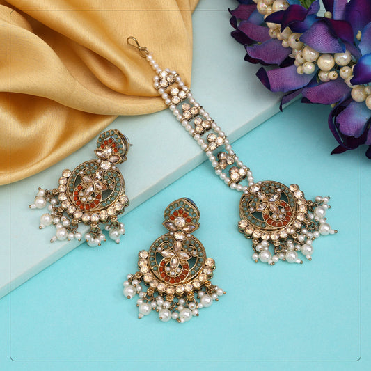 Multi Color Pakistani Kundan Earrings With Maang Tikka (KDTE586MLT) - eindiawholesale.com