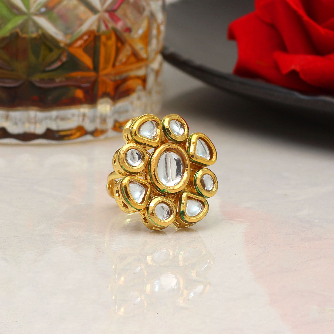 White Color Kundan Meenakari Finger Ring For Women (KMR745WHT) - preyans.com