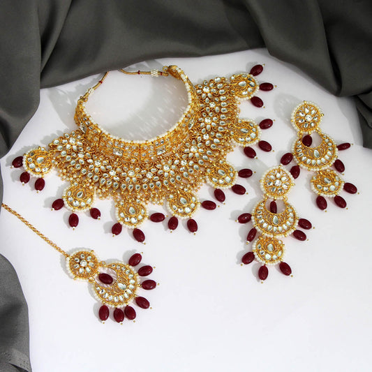 Maroon Color Kundan Choker Necklace Set (KN1018MRN) - preyans.com