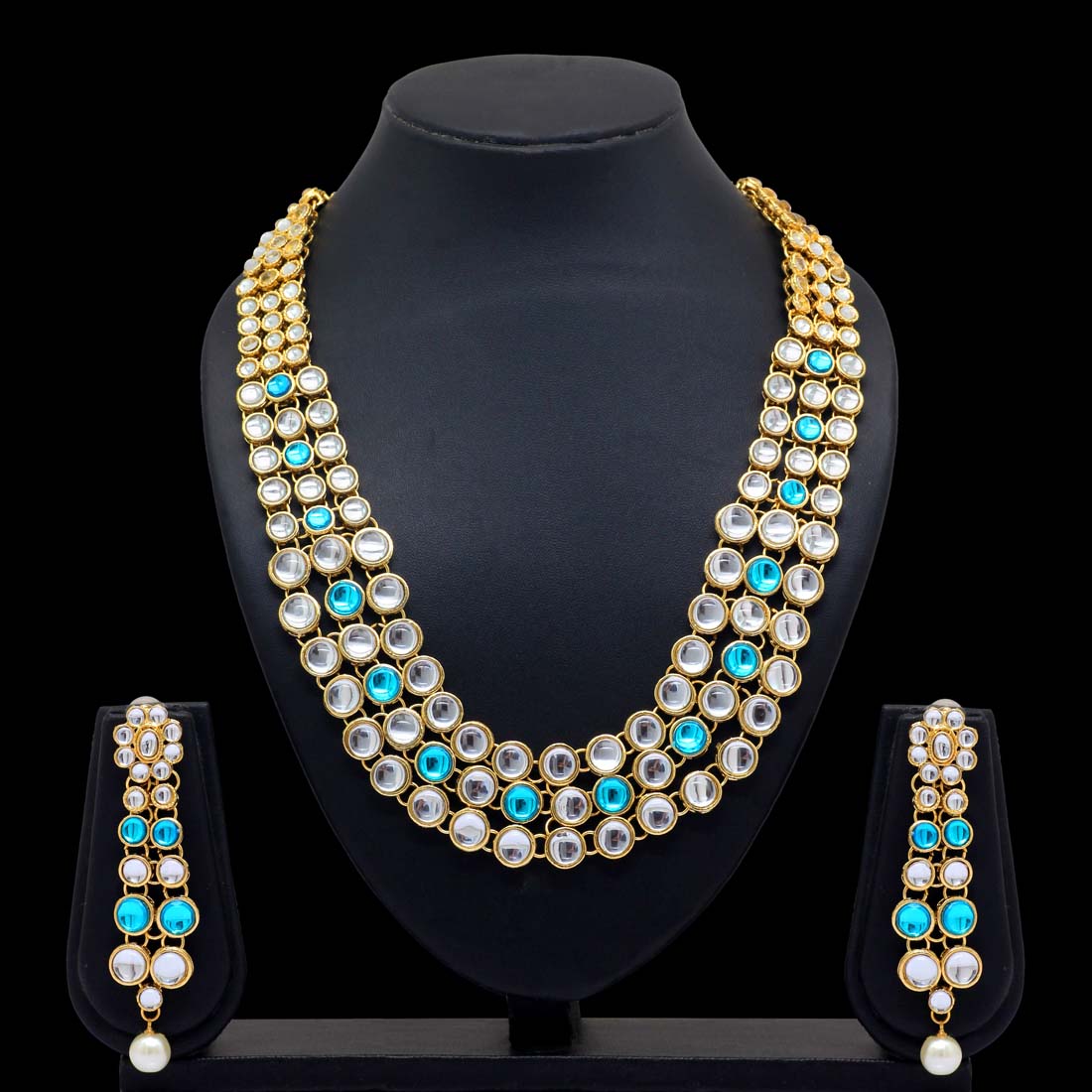 Firoza Color Kundan Necklace With Earring (KN101FRZ) - Preyans.com