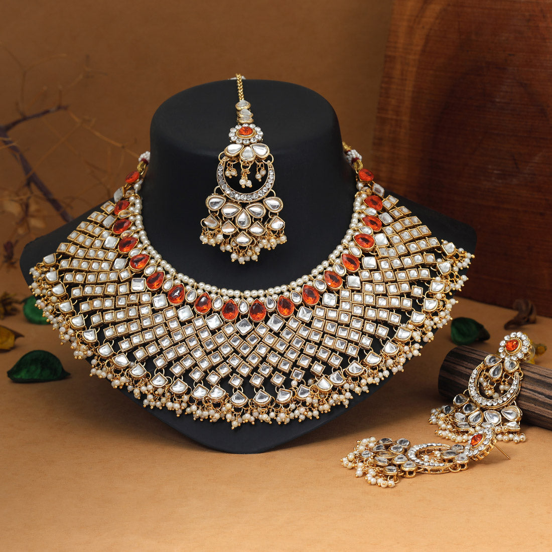 Dark Peach Color Kundan Necklace Set (KN1026DPCH) - Preyans.com